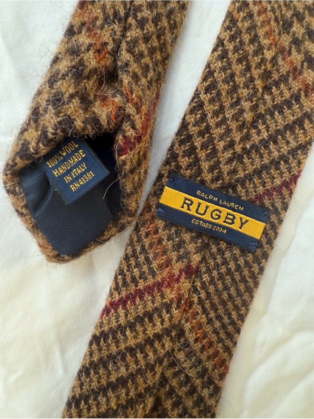 Ralph Lauren Rugby Handmade Italy 100% Wool Houndstooth Plaid Tie Brown Tweed